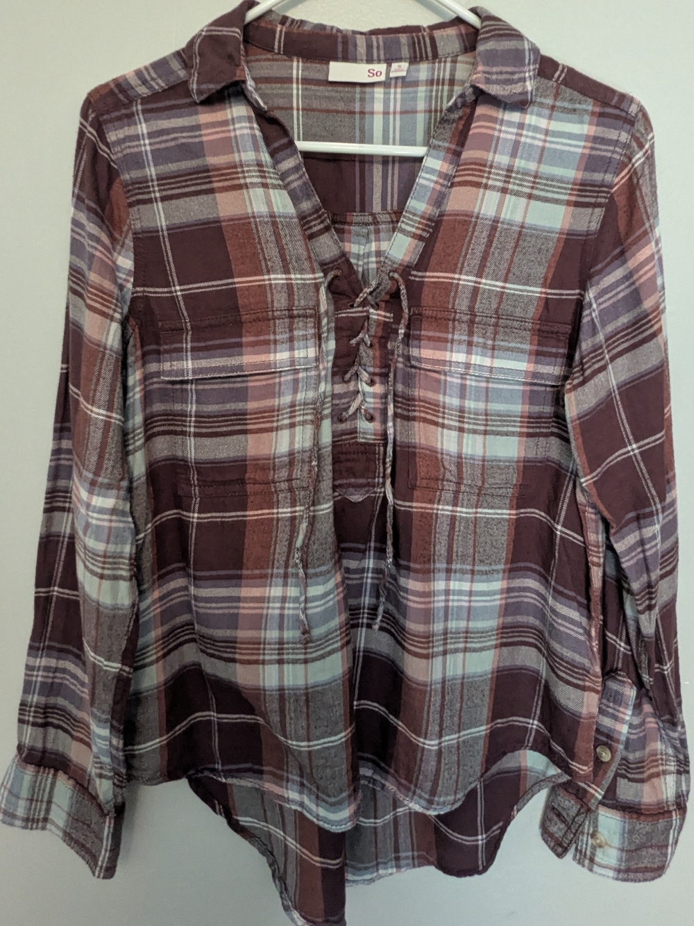 SO Mauve and Light Blue Plaid Lace-Up Button Down Shirt